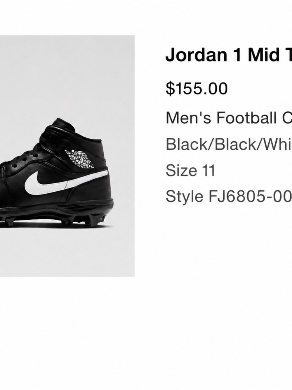 Nike Jordan 1 Mid Cleats - Black/White mens size 11